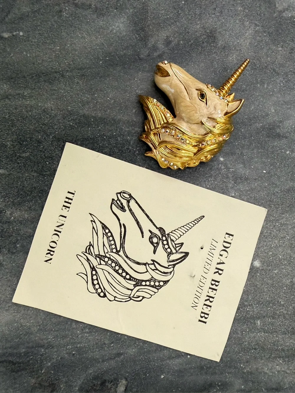 Vintage Edgar Berebi Gold Unicorn Enamel Crystal Brooch COA